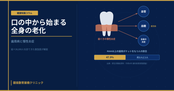 歯ぐきの慢性炎症が血流を通じて全身（血管・血糖・臓器）とつながるしくみを示すイメージ